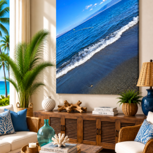 Black Sand Beach and Blue Sky - Stretched